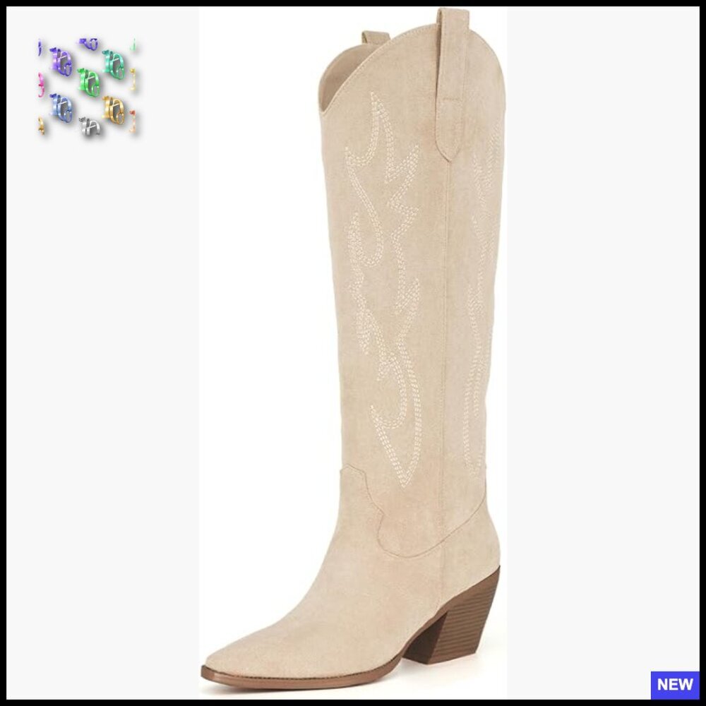 Knee High Cowgirl Boots Pointed Toe Block Heel Western Embroidered Chic